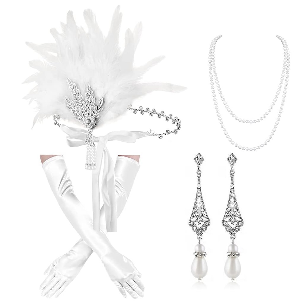 Vintage 1920s Der große Gatsby Flapper Stirnband Zubehör-Set Halskette Ohrring Charleston Damen Feder Maskerade Festival Erwachsene Handschuhe Stirnband Ganzjährig Lightinthebox