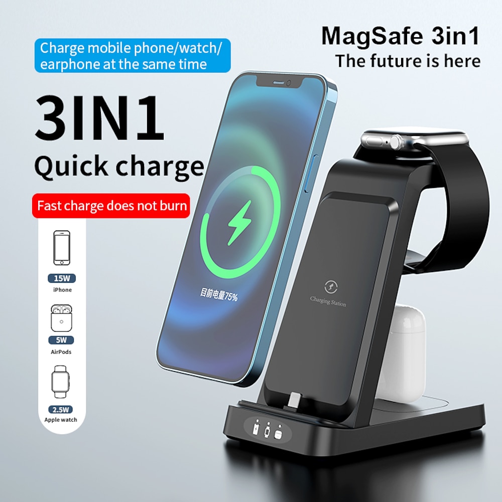 Handy Ladestation 15 W Ausgangsleistung 1 Hafen Drahtlose Ladestation ASTM Schnelles kabelloses Laden Magnetisch 3 in 1 Für Mobiltelefone Smart Uhr AirPods 2 / AirPods Pro Lightinthebox