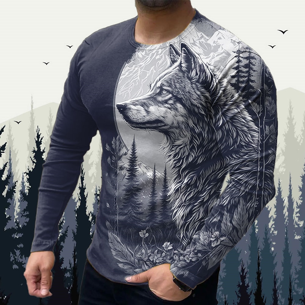 Herren Tier Wolf Grafik-Drucke T Shirt Grafischen T-Shirt Langarm T-Shirt 3D-Druck Rundhalsausschnitt Hemd Designer Basic Brautkleider schlicht Outdoor Täglich Sport Schwarz Gelb Blau Frühling Lightinthebox