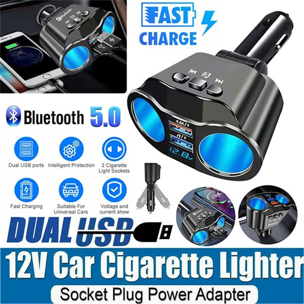 Neues Bluetooth 5.0 Dual-USB-Schnellladegerät 2-Wege-Auto-Zigarettenanzünder-Autoladegeräte-Splitter-Adapter 4.8a-Autotelefon-Ladegerät Lightinthebox