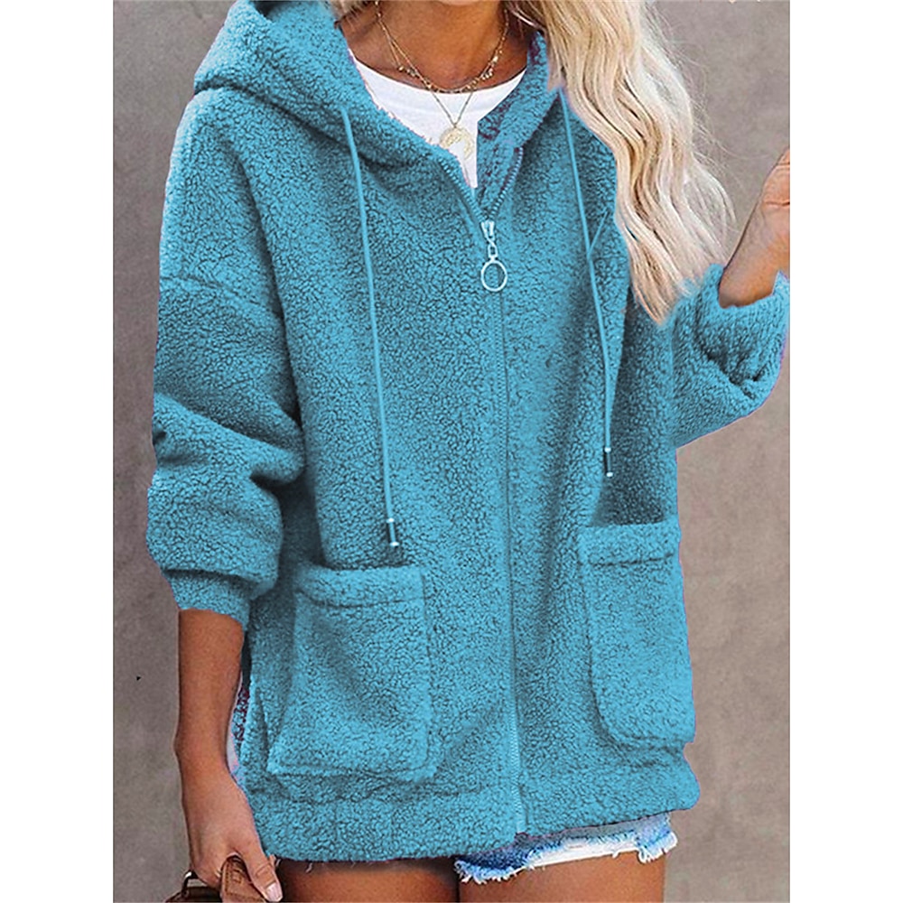 Damen Teddy-Mantel Urlaub Strasse Ausgehen Herbst Winter Standard Mantel Regular Fit warm halten Atmungsaktiv Stilvoll Casual Brautkleider schlicht Jacken Langarm Glatt Mit Taschen Schwarz Blau Lightinthebox