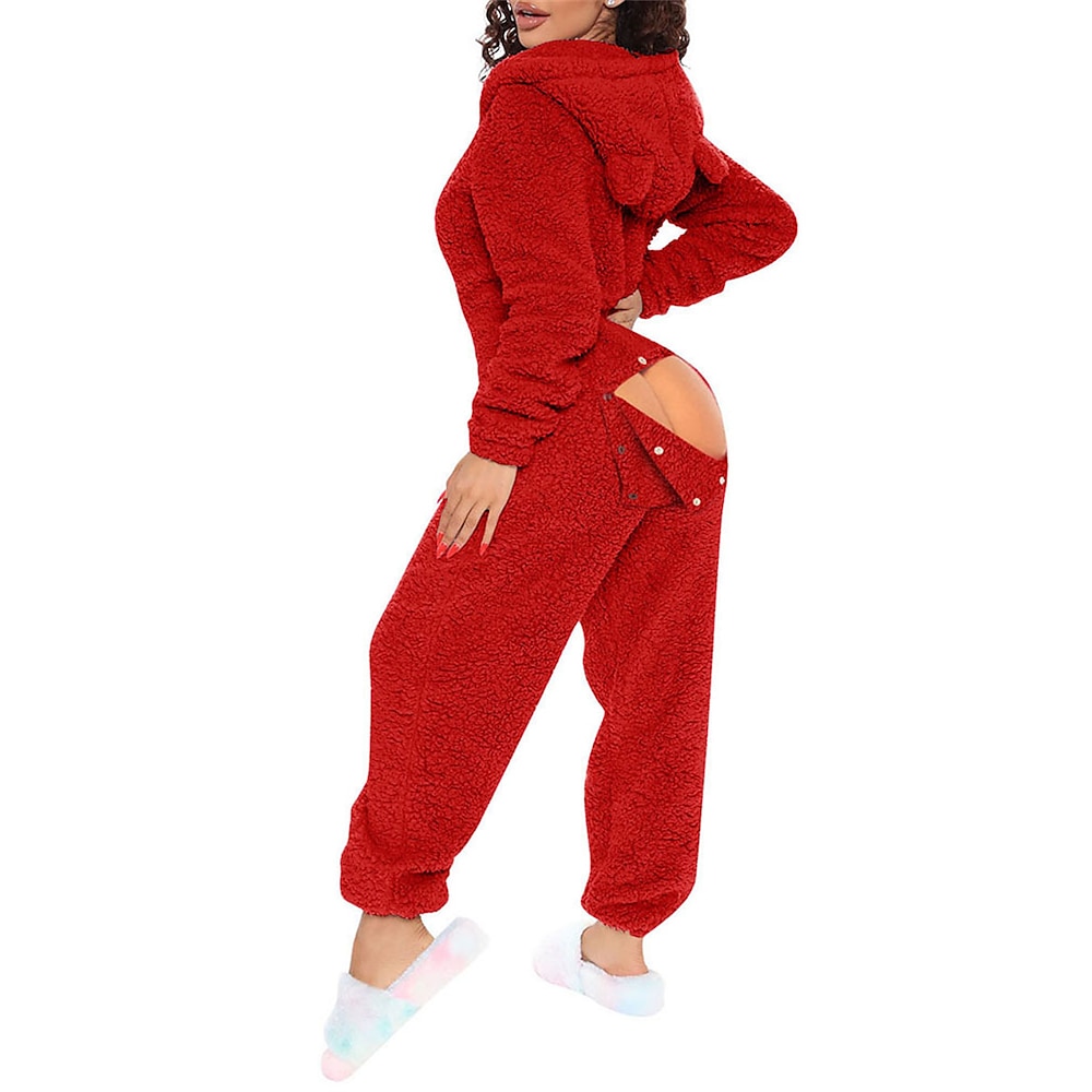 Damen Onesie Einfarbig Warm Modisch Plüsch Heim Täglich Bett Sherpa Polyester Warm Kapuzenpullover Langarm Loch Herbst Winter Lightinthebox