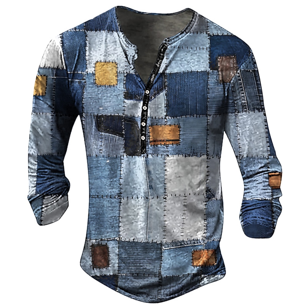 Herren Graphic Patchwork Henley Shirt Langarm 3D-Druck Modisch Täglich Brautkleider schlicht Casual Festtage Ausgehen Frühling Herbst Hellblau Königliches Blau Blau Dunkelblau Henley Henley T-Shirt Lightinthebox