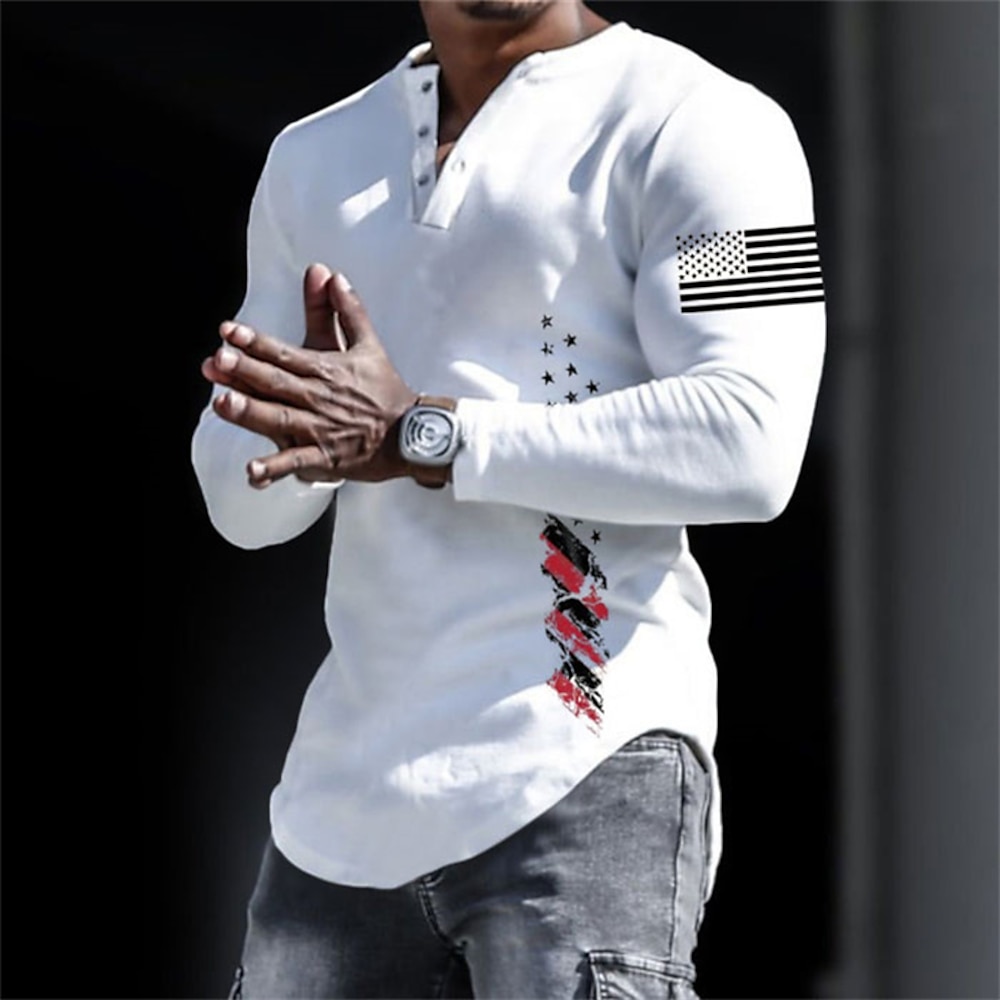 Herren Graphic USA Nationalflagge Henley Shirt Langarm 3D-Druck Modisch Täglich Brautkleider schlicht Casual Festtage Ausgehen Frühling Herbst Schwarz Weiß Gelb Grau Henley Henley T-Shirt Lightinthebox