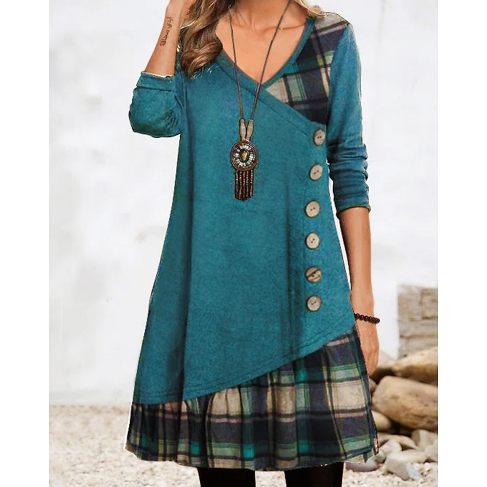 Damen Casual kleid Sweatkleid Tartan-Kleid Minikleid Dunkelgrün 3/4 Ärmel Plaid Rüschen Winter Herbst Frühling V Ausschnitt Modern Wochenende 2023 S M L XL 2XL 3XL Lightinthebox