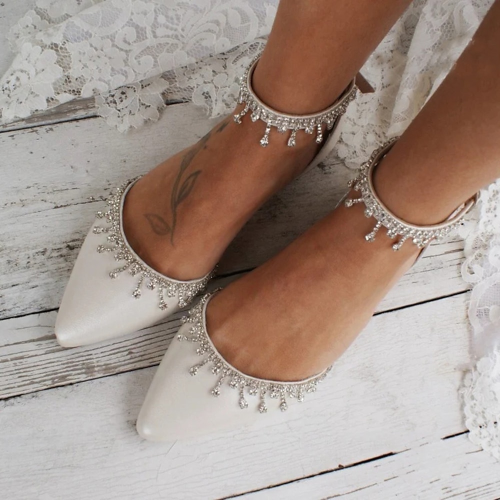 Weiße Hochzeits-Ballerinas für Damen - elegante Brautschuhe mit Strass-Fesselriemchen für Bräute und formelle Anlässe Lightinthebox