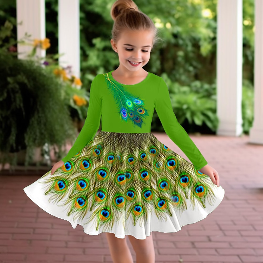 3D-Tierkleid für Mädchen, langärmelig, 3D-Druck, Herbst, Winter, Sport Outdoor, Alltag, Urlaub, süß, lässig, schön, für Kinder von 3-12 Jahren, lässiges Kleid, A-Linien-Kleid, oberhalb des Knies, Lightinthebox