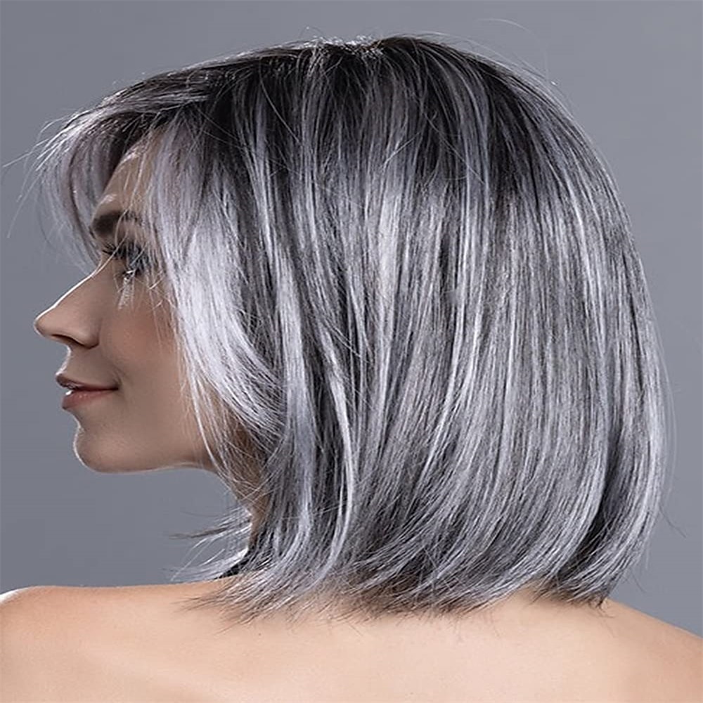 Ombre-graue kurze Bob-Perücke mit natürlichem glattem Haar und Vorhang-Pony-Mix, graue Hitze-Synthetik-Perücke, Salt-n-Pfeffer-Perücken für Frauen Lightinthebox