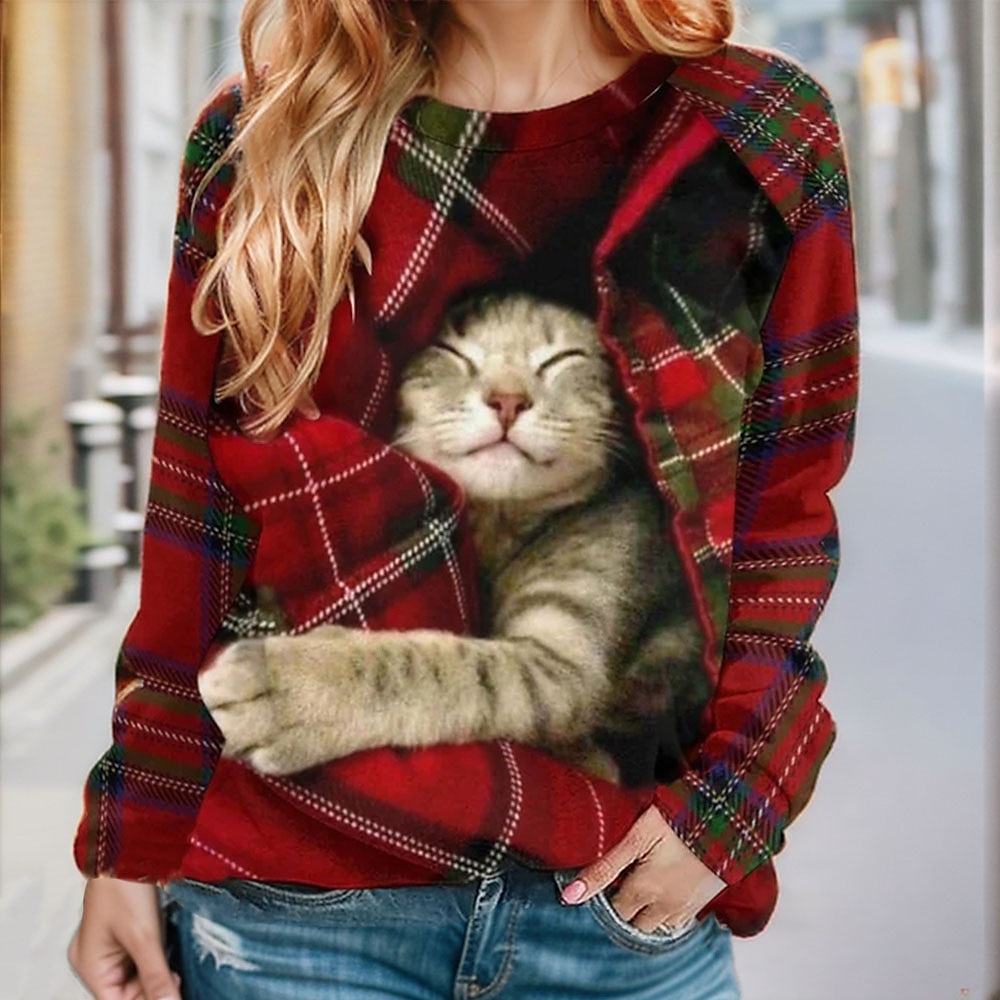 Damen Pullover Sweatshirt Plaid Katze Casual Sportswear Festival Rundhals Langarm Top Mikro-elastisch Herbstamp; Winter Lightinthebox