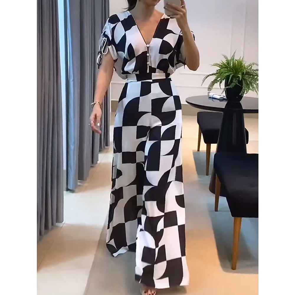 Damen Normal Jumpsuit Ausgefallene Geometrisch Kurzarm Breites Bein V Ausschnitt Festtage Regular Fit Schwarz Ganzjährig Lightinthebox