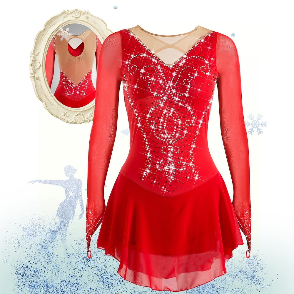 Eiskunstlaufkleid Damen Mädchen Eislaufen Kleider Weiß Schwarz Rot Rückenfrei Gitter Elasthan Hochelastisch Ausbildung Wettbewerb Eiskunstlaufkleidung Handgemacht Klassisch Kristalle Langarm / Strass Lightinthebox