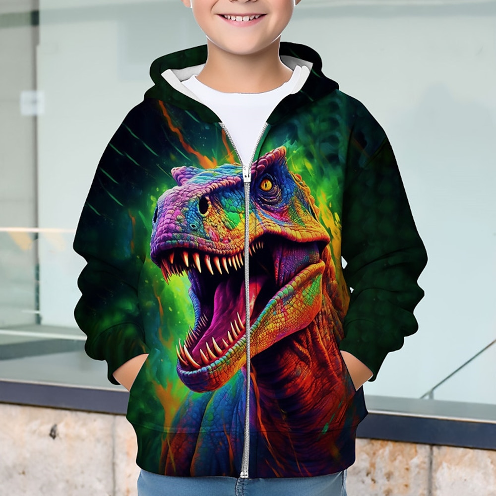 Jungen 3D-Dinosaurier-Kapuzenpullover-Mantel, Oberbekleidung, langärmelig, 3D-Druck, Herbst-Winter-Mode, Streetwear, cooles Polyester, Kinder 3-12 Jahre, draußen, lässig, täglich, normale Passform Lightinthebox