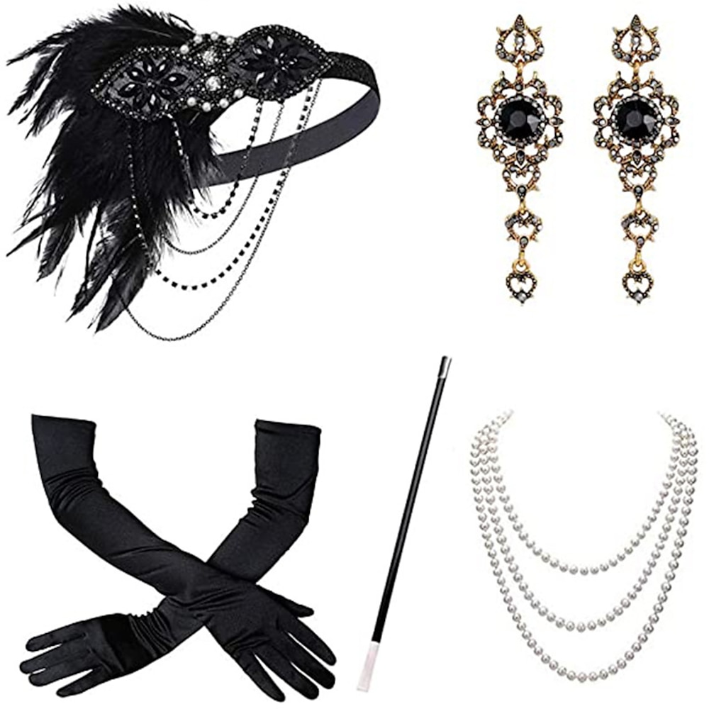 Vintage 1920s Der große Gatsby Flapper Stirnband Zubehör-Set Halskette Ohrring Charleston Damen Feder Maskerade Festival Erwachsene Handschuhe Stirnband Ganzjährig Lightinthebox