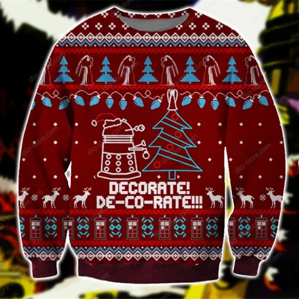 Weihnachts-Sweatshirts für Herren, lustige Weihnachts-3D-Sweatshirts mit Doctor Who-Grafiken, Baumdrucken, Roboter, cool, alltagstauglich, klassisch, 3D-Pullover, Urlaub, Ausgehen, rot, Lightinthebox