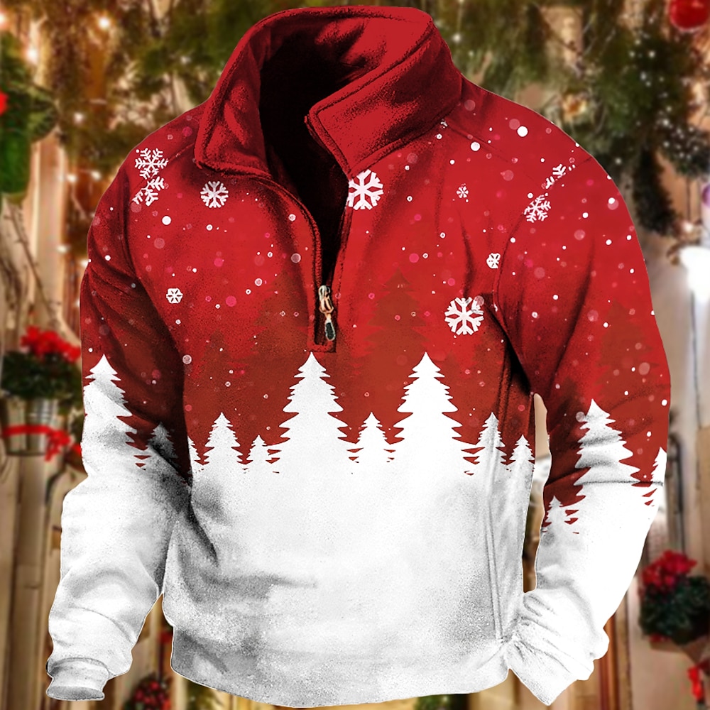 Weihnachten Herren Weihnachtsszene 3D Sweatshirts Grafik Schneeflocke Mode cool täglich 3D Druck Pullover Viertel Zip Urlaub Ausgehen gelb rot blau lange Fleece Lightinthebox