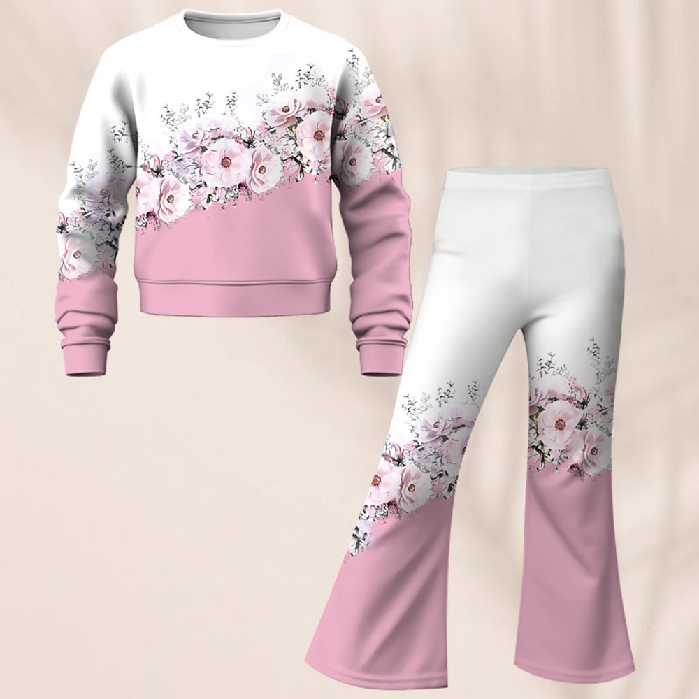 Mädchen 3D Blumen Set Set aus Sweatshirt und Schlaghose Langarm 3D-Druck Herbst Winter Aktiv Modisch Täglich kinderkleidung 3-12 Jahre Rundhalsausschnitt Outdoor Urlaub Verabredung Regular Fit Lightinthebox