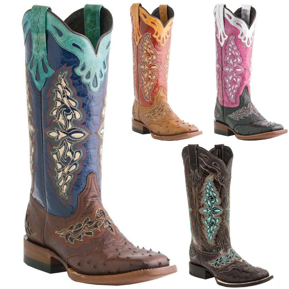 Damen Western-Cowboystiefel aus rosa und schwarzem Kunstleder mit aufwendiger Stickerei - kniehohe Rodeostiefel für Country- und Festivalkleidung Lightinthebox