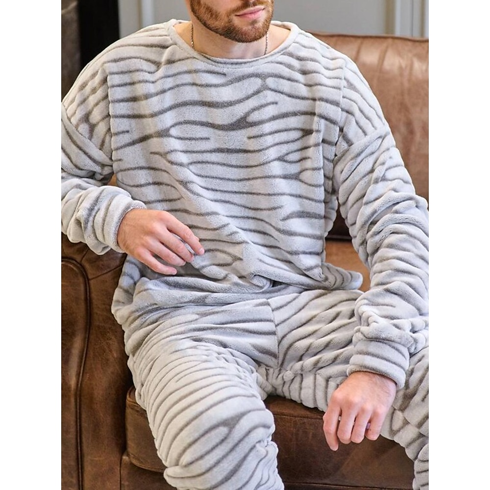 Herren Hausanzug Schlafanzüge Schlafanzug Set Pyjama-Oberteil und Hose 2 Stück Streifen Stilvoll Brautkleider schlicht Komfort Heim Täglich Flanell Komfort Rundhalsausschnitt Langarm Pullover Hose Lightinthebox