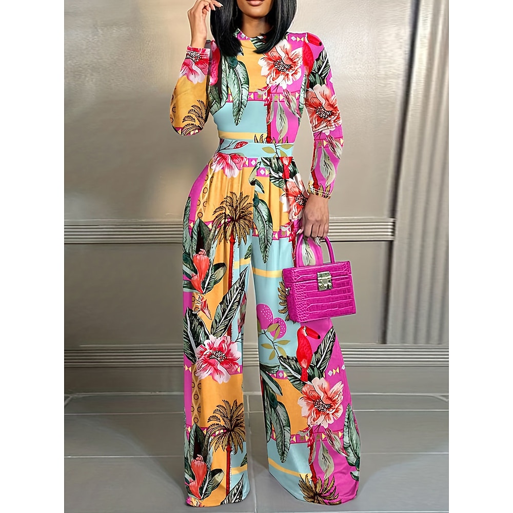 Damen Jumpsuit Bedruckt Blumen Rundhalsausschnitt Brautkleider schlicht Urlaub Wochenende Gerade Regular Fit Langarm Schwarz Rosa Wein S M L XL Herbst Lightinthebox