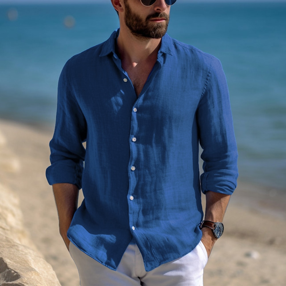 Herren Hemd leinenhemd Sommerhemd Strandbekleidung Knopfhemd Lässiges Hemd Schwarz Weiß Rosa Blau Langarm Glatt Kargen Frühling Sommer Casual Täglich Bekleidung Lightinthebox