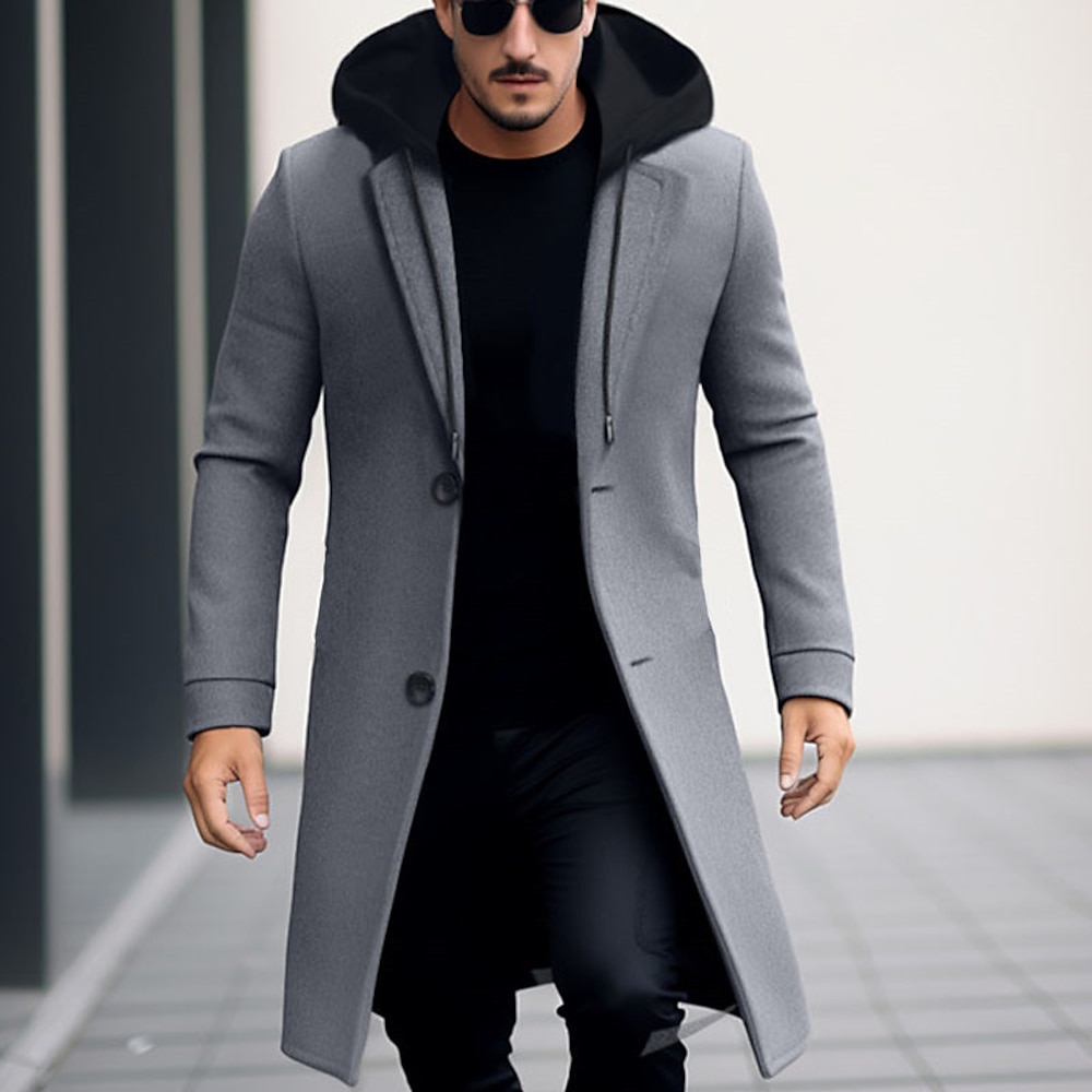 Herren Wintermantel Wollmantel Mantel Trenchcoat Outdoor Freizeitskleidung Herbst Winter Polyester Windbreaker Oberbekleidung Bekleidung Modisch Strassenmode Glatt Mit Kapuze Einreiher - 1 Knopf Lightinthebox