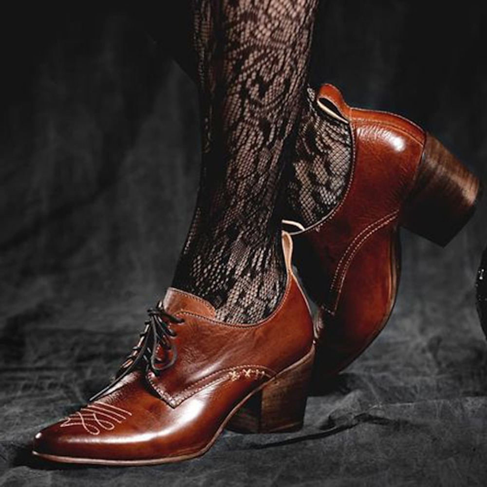 Damen Absätze Pumpen Sandalen Bullock Schuhe Mary Jane Absatzsandalen Party Outdoor Täglich Farbblock Stöckelschuh Blockabsatz Runde Zehe Elegant Böhmen Urlaub Leder Schnürsenkel Dunkelbraun Braun Lightinthebox