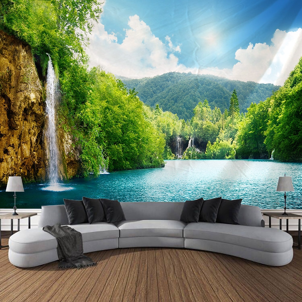 Waldlandschaft Wasserfall hängende Wandteppich-Wandkunst, große Wandteppich-Wanddekoration, Fotografie-Hintergrund, Decke, Vorhang, Zuhause, Schlafzimmer, Wohnzimmer, Dekoration Wandtuch XXL Natur Lightinthebox