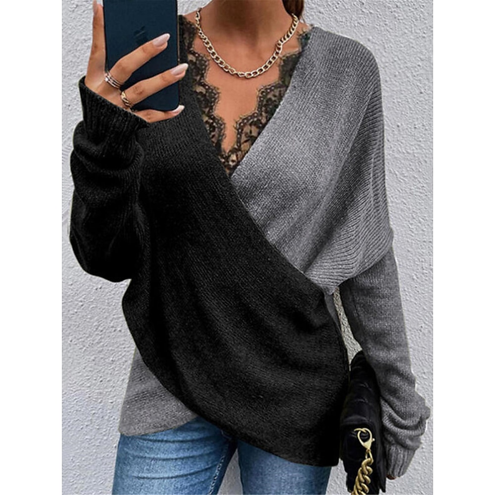 Damen Pullover V Ausschnitt Gerippt Stricken Baumwollmischung Patchwork Kreuz und quer Spitzenbesatz Herbst Winter Standard Täglich Ausgehen Wochenende Stilvoll Brautkleider schlicht Weich Langarm Lightinthebox