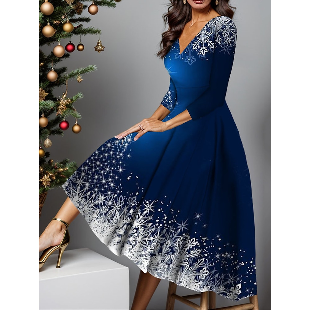 Damen abendkleider Cocktailkleid Kleid für Hochzeitsgäste Polyester Tasche Bedruckt Tiefes V 3/4 Ärmel Farbverlauf Midikleid Weihnachten kleid hochzeitsgast Wein Rostrot Frühling Winter Lightinthebox