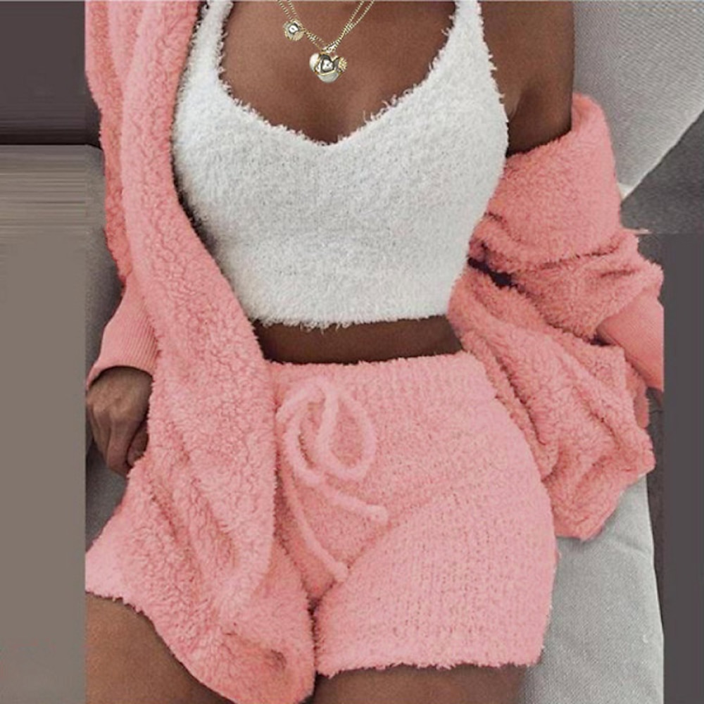 Damen Warm Geschenk Pyjamas Sets Heim Party Strasse Valentinstag Polyester Plüsch Einfach Weich Sport Trägertop Kurze Hosen Herbst Langarm Ärmellos Lightinthebox