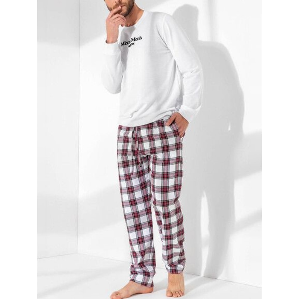 Herren Hausanzug Schlafanzüge Schlafanzug Set Pyjama-Oberteil und Hose 2 Stück Plaid Stilvoll Brautkleider schlicht Komfort Heim Täglich Baumwollmischung Komfort Rundhalsausschnitt Langarm T Shirt Lightinthebox