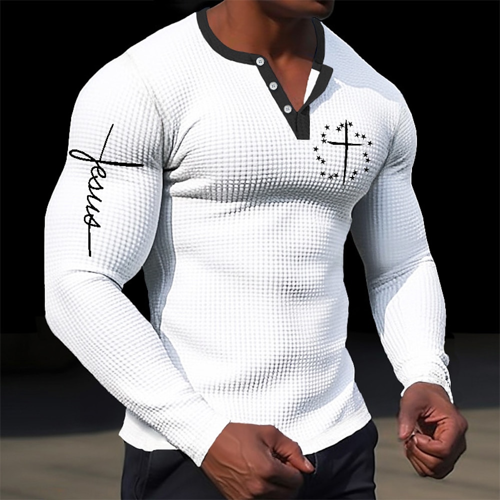 Herren Graphic Kreuz Jesus Henley Shirt Waffel-T-Shirt Langarm 3D-Druck Designer Einfach Brautkleider schlicht Sports Outdoor Festtage Festival Frühling Herbst Schwarz Weiß Braun Grün Henley Henley Lightinthebox