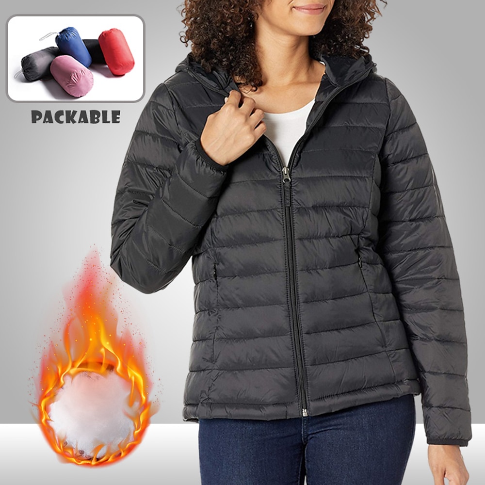 Damen-Pufferjacke mit Kapuze, Daunenjacke zum Wandern, Winter, Outdoor, thermisch, warm, verstaubar, wasserdicht, winddicht, Oberteil, durchgehender, sichtbarer Reißverschluss, Angeln, Camping, Lightinthebox