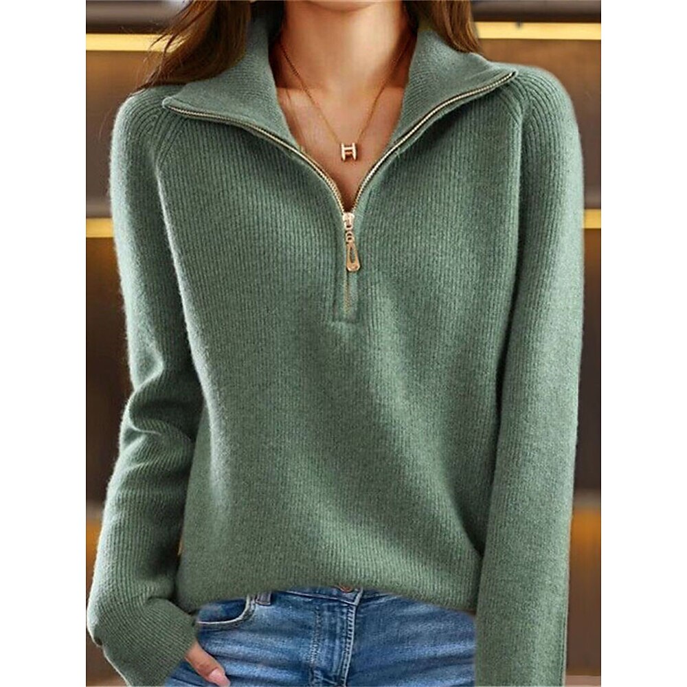 Damen Pullover Stilvoll Brautkleider schlicht Weich Feste Farbe Gerippt Hemdkragen Zip Langarm Normale Oberteile Stricken Outdoor Täglich Ausgehen Blau Grün Herbst Winter Lightinthebox