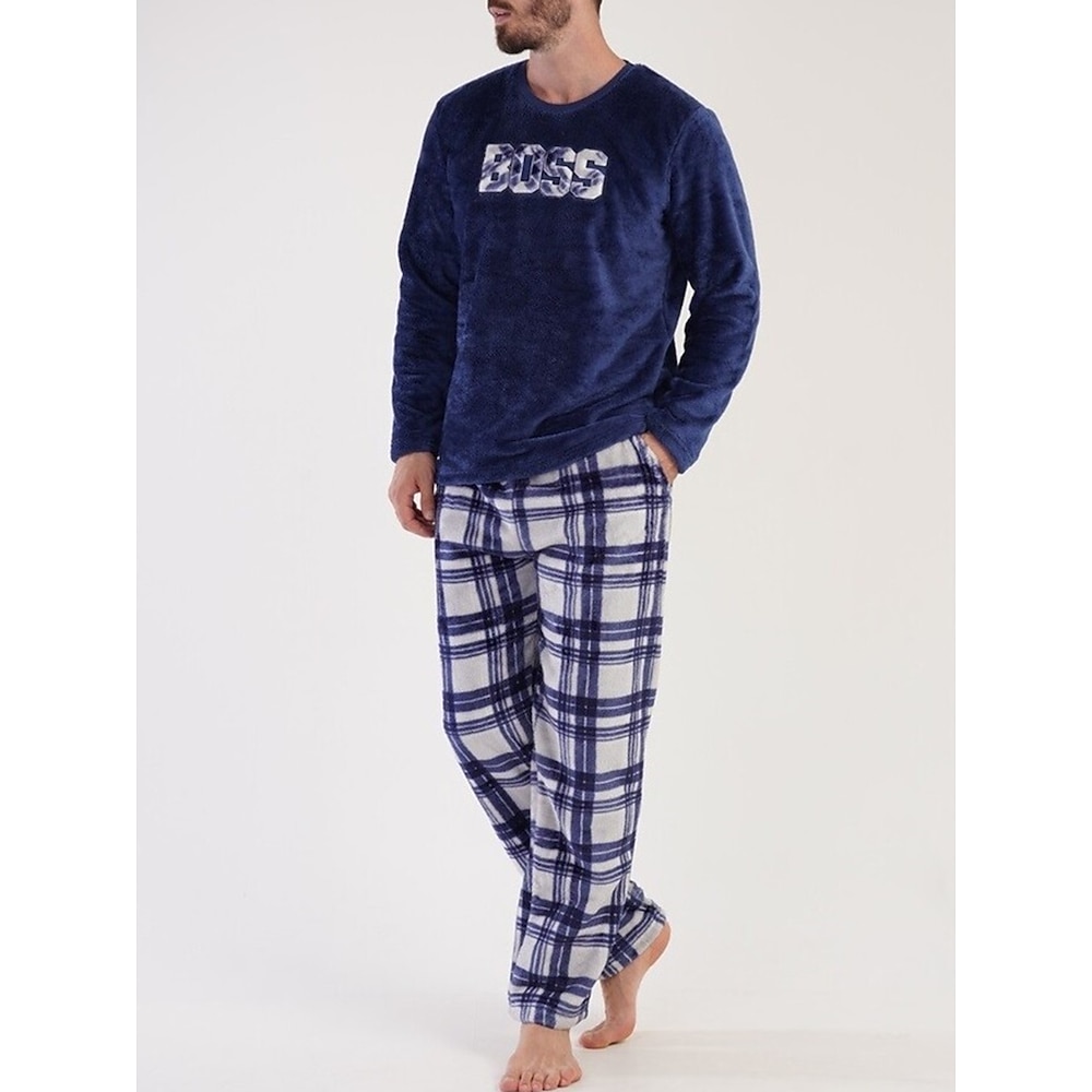 Herren Hausanzug Schlafanzüge Schlafanzug Set Pyjama-Oberteil und Hose 2 Stück Plaid Stilvoll Brautkleider schlicht Komfort Heim Täglich Flanell Komfort Rundhalsausschnitt Langarm Pullover Hose Lightinthebox