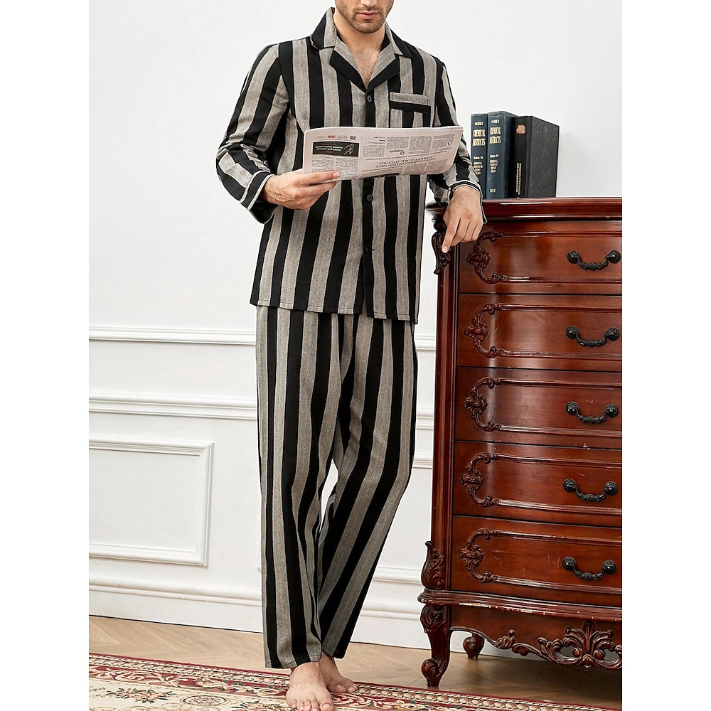 Herren Hausanzug Schlafanzüge Schlafanzug Set Pyjama-Oberteil und Hose 2 Stück Streifen Stilvoll Brautkleider schlicht Komfort Heim Täglich Baumwolle Komfort Kargen Langarm Hemd Hose Kordelzug Lightinthebox