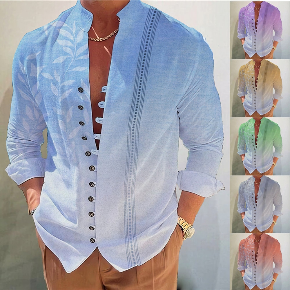 Herren Farbverlauf Geometrische Muster Blätter Hemd Langarm Modisch Designer Brautkleider schlicht Outdoor Täglich Urlaub Herbst Frühling Sommer Ständer Bedruckt Gelb Blau Purpur Orange Grün Lightinthebox