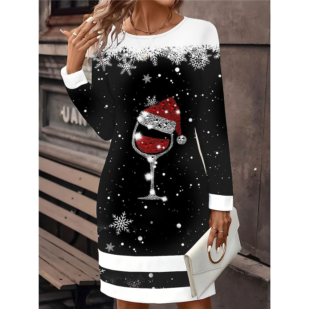 Damen Weihnachtskleid Sweatshirt-Kleid Minikleid Weihnachten Aktiv Weihnachten Outdoor Festtage Rundhalsausschnitt Bedruckt Weihnachtsbaum Weihnachtsmütze Lockere Passform Schwarz Weiß Rote S M L XL Lightinthebox