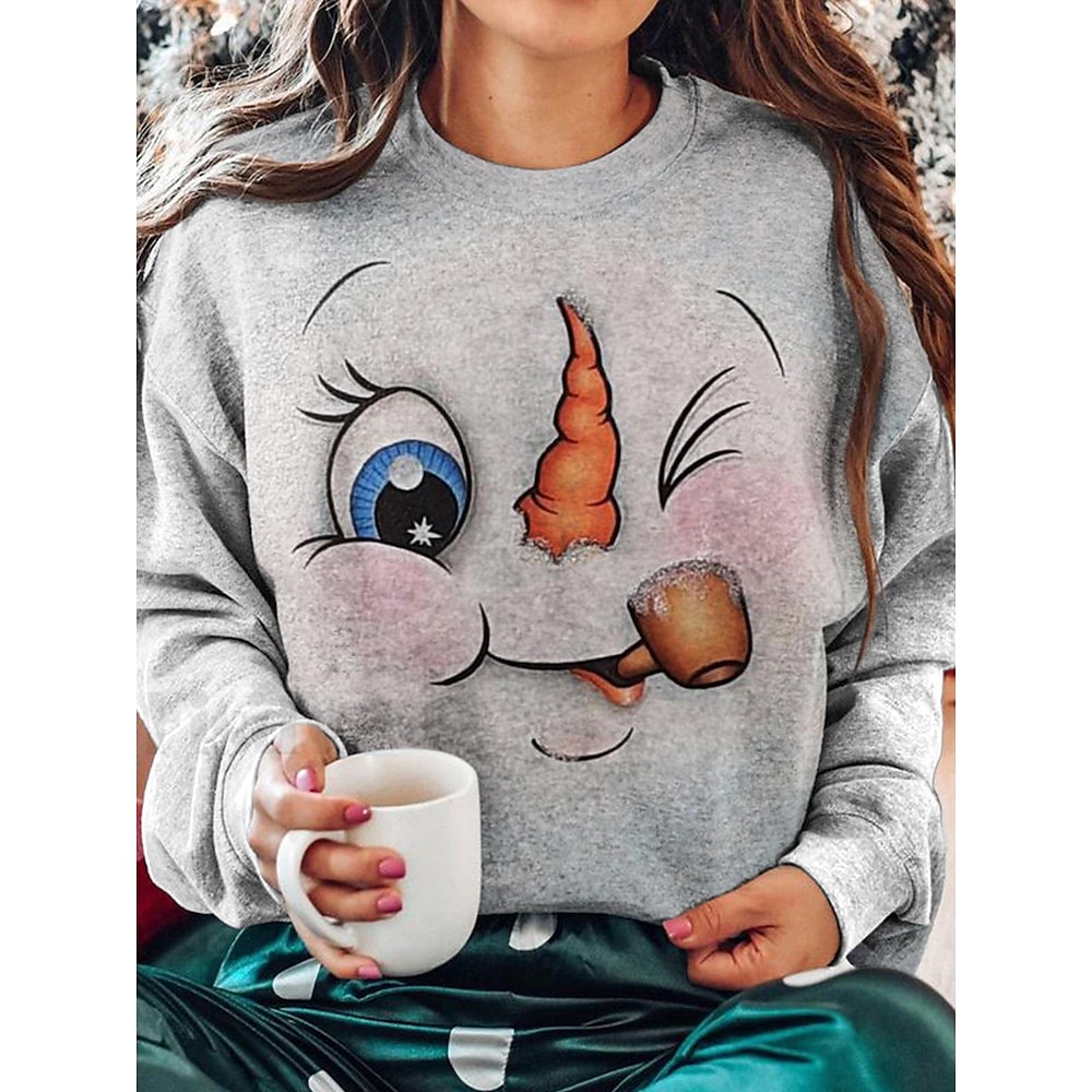 Damen-Sweatshirt mit Grafik, Schneemann-Gesichtsdruck, langärmelig, Rundhalsausschnitt, gemütlich, lässig, grau, Winter-Loungewear Lightinthebox