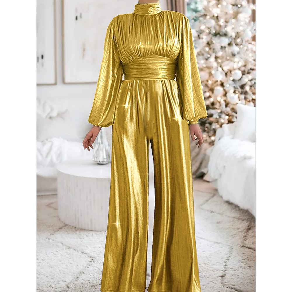 Damen-Overall, glitzernd, einfarbig, Stehkragen, elegant, Hochzeit, Party, Weihnachten, weites Bein, normale Passform, lange Ärmel, Rosa, Gold, S, M, L, alle Jahreszeiten Lightinthebox