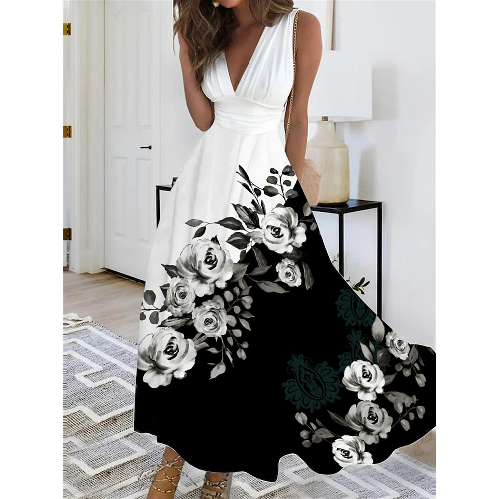 Damen Maxikleid Abschlussballkleid Partykleid Floral Schmetterlingsdruck V-Ausschnitt Langkleid Hochzeitsgast Urlaub Ärmellos Sommer Frühling Lightinthebox