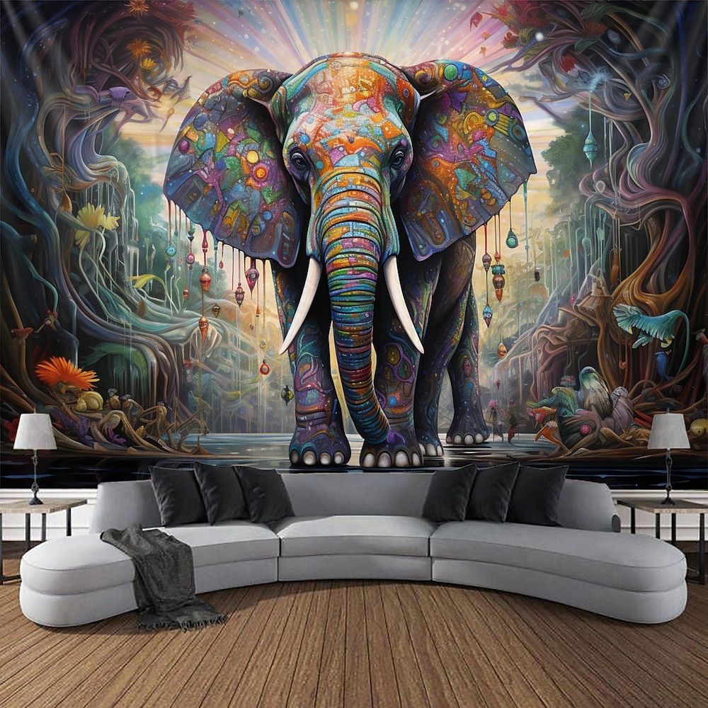 Malerei bunter Elefant Boho hängender Wandteppich Wandkunst großer Wandteppich Wanddekor Fotografie Hintergrund Decke Vorhang Zuhause Schlafzimmer Wohnzimmer Dekoration Lightinthebox