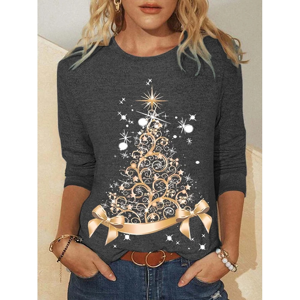 Weihnachts-T-Shirt für Damen, langärmelig, Weihnachtsbaum-Aufdruck, festliches goldenes Band, Rundhalsausschnitt, anthrazitfarben, lässige bequeme Passform, Weihnachtsbekleidung Lightinthebox