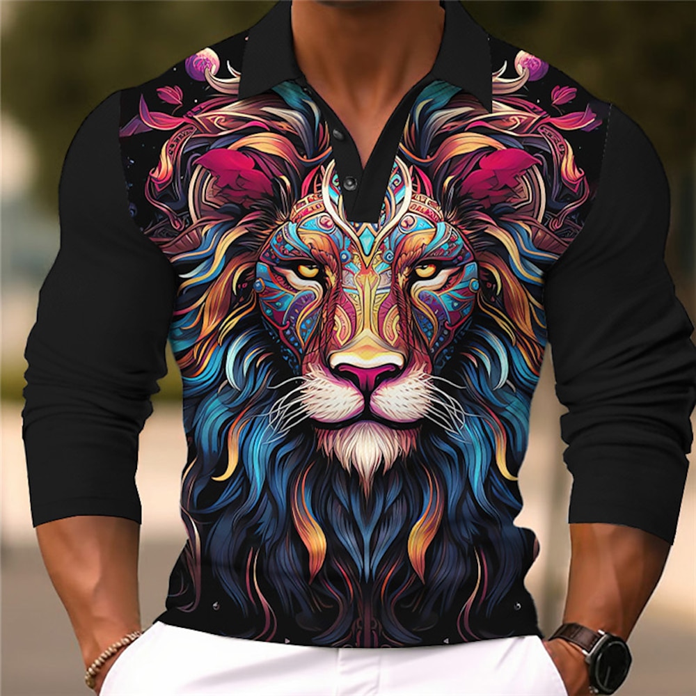Herren Herbst Winter Poloshirts Golfshirt Langarm Polo-Shirts Hemden mit Kragen Lässig Lustig Urlaubskleidung Party-Outfits Knöpfe 3D-Druck Blau Gold Lightinthebox