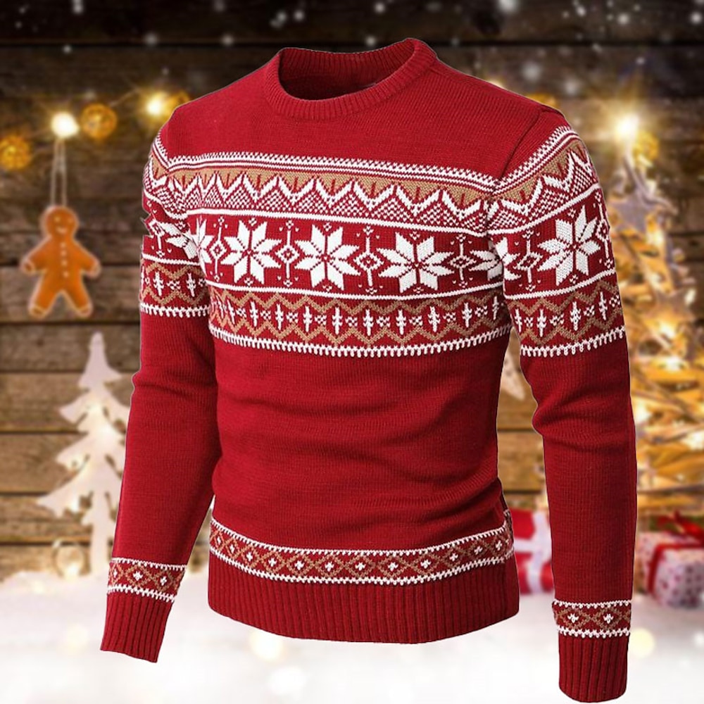 hässlicher Weihnachtspullover Herrenpullover mit Schneeflocken-Strickmuster, Pullover, Silvesterpullover, Outdoor, Alltag, langärmelig, Rundhalsausschnitt, Rot, Marineblau, Grün, Herbst, Winter, S, Lightinthebox