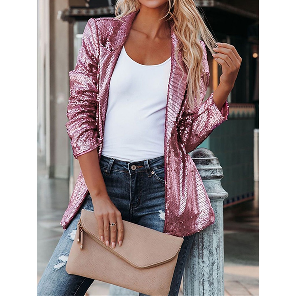 Damen Blazer Sakko Party Outdoor Strasse Herbst Winter Mantel Regular Fit Atmungsaktiv Stilvoll Moderne Moderner Stil Jacken Langarm Glatt Pailletten Glitzer Schwarz Rosa Wein Lightinthebox