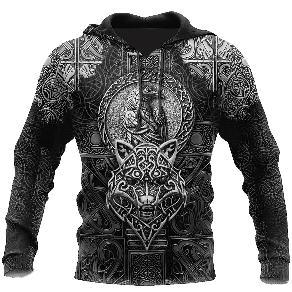 Krieger Wikinger-Tattoo Kapuzenshirt Zeichentrick Manga Anime 3D Vordertasche Grafik Für Herren Erwachsene Halloween Karneval Maskerade 3D-Druck Casual Lightinthebox