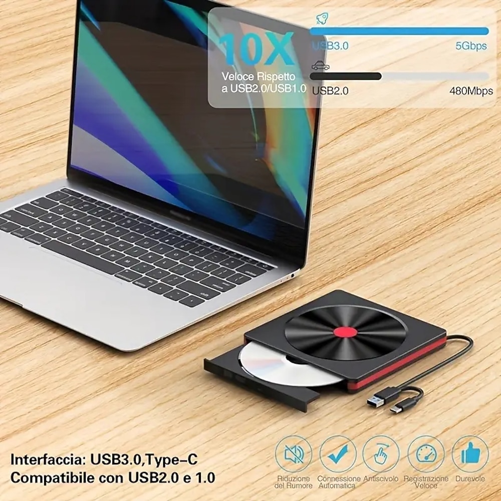 Tragbares USB 3.0 Typ-C CD/DVD-Laufwerk mit schützender Tragetasche - kompatibel mit Windows 11/10/8/7 Mac MacBook Pro/Air Lightinthebox