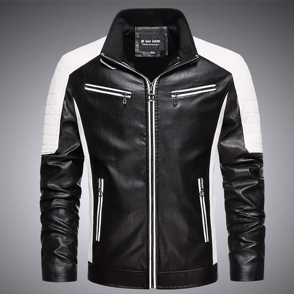 Herren Lederjacke Kunstlederjacke Motorradjacke Windjacke Outdoor Campen und Wandern Wasserdicht Windbreaker Zip Tasche Herbst Winter Farbblock Modisch Strassenmode Kargen Standard Schwarz Rote Kaffee Lightinthebox