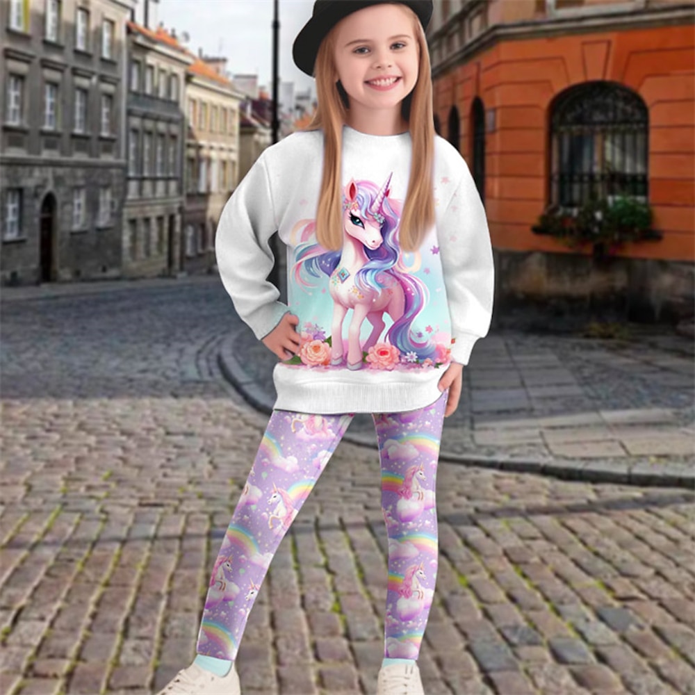 3D-Einhorn-Sweatshirt für Mädchen Leggings-Set, langärmelig, 3D-Druck, Herbst, Winter, aktiv, Mode, täglich, Polyester, Kinder 3-12 Jahre, Rundhalsausschnitt, Outdoor, Date, Urlaub, normale Passform Lightinthebox